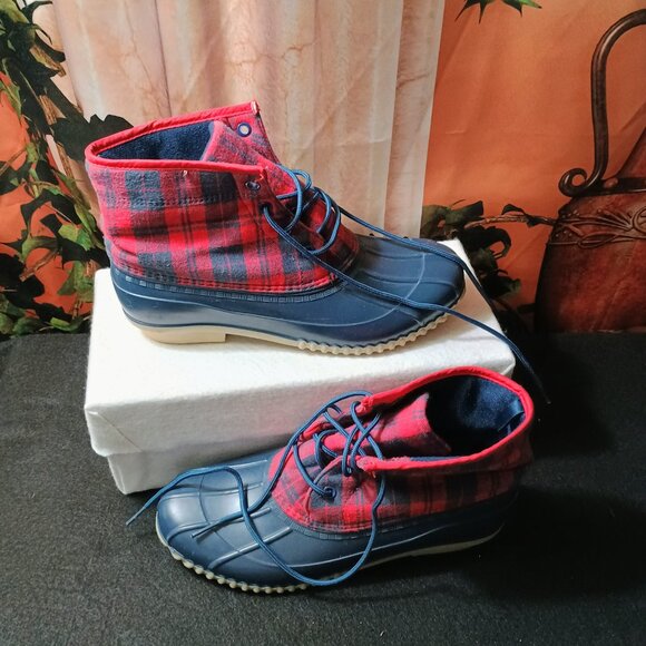 EUC: Girls' etc! Love sze Large Red & Navy Blue Plaid Check Ankle Combat Boots - Picture 6 of 6